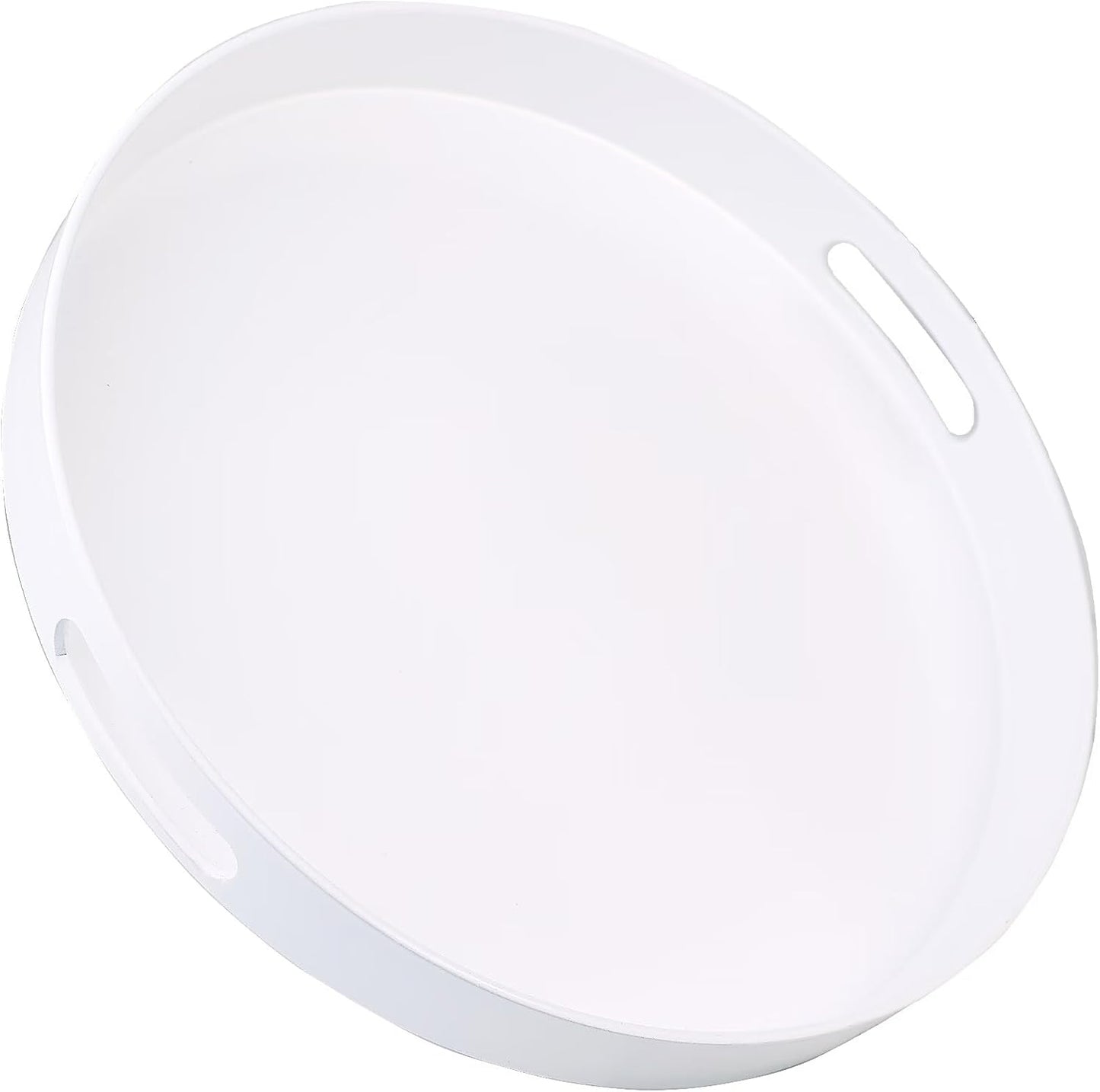 Round White Decorative Serving Tray with Handles, 13” Versatile Ottoman Tray for Coffee Table, Entertaining, Outdoor Patio, Living Room