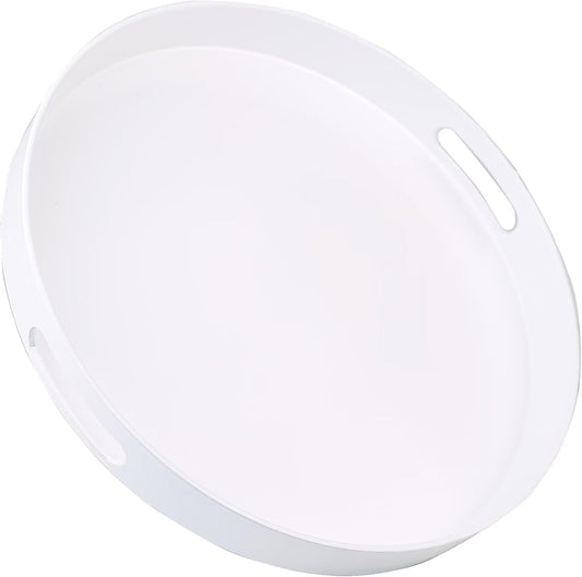 Round White Decorative Serving Tray with Handles, 13” Versatile Ottoman Tray for Coffee Table, Entertaining, Outdoor Patio, Living Room