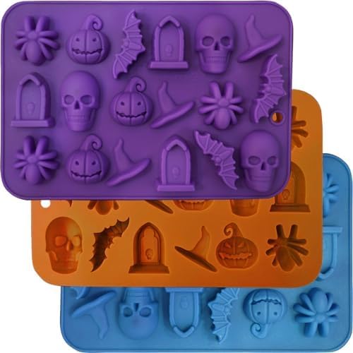 Halloween Molds Silicone for Chocolate 3 Pack, 3D Halloween Chocolate Candy Gummy Mold Skull Pumpkin Bat Ghost Witch Hat Spider tombstone Shapes Mold