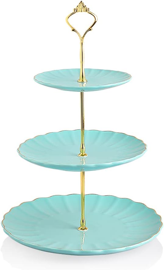 Sweejar 3 Tier Ceramic Cake Stand Wedding, Dessert Cupcake Stand for Tea Party Serving Platter (Turquoise)