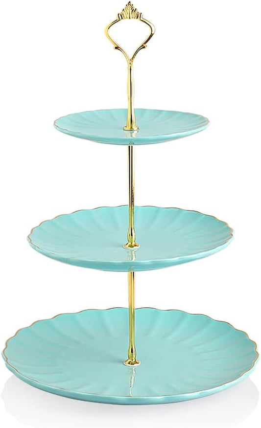 Sweejar 3 Tier Ceramic Cake Stand Wedding, Dessert Cupcake Stand for Tea Party Serving Platter (Turquoise)