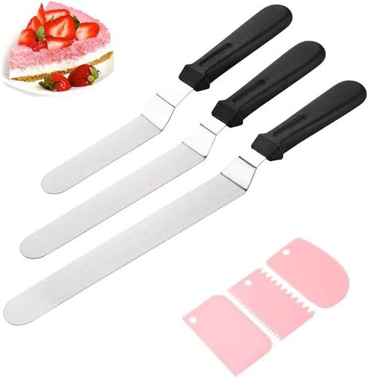 Offset Spatula Set with Pink Cake Scrapers, 3 Pack Angled Frosting Spatulas (6, 8, 10 inch) & 3 Cake Smoother Scrapers, Stainless Steel Icing Spatula for Cake Decorating, Baking & Pastry