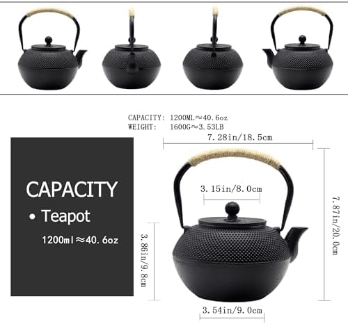 40.6oz Cast Iron Teapot, Japanese Tetsubin Tea Kettle for Stovetop Safe, Black Cast Iron Tea Kettle with Infuser for Loose Leaf, Tea Pot with Enameled Interior, Gift for Tea Lovers