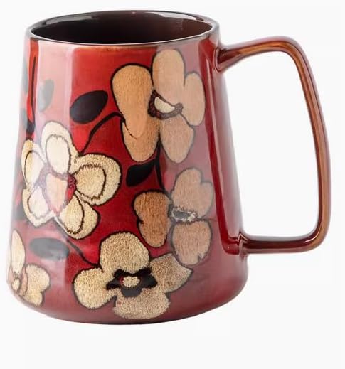 Large 24 oz Ceramic Coffee Mug with Large Handle, Vintage Floral Coffee Cup, Extra Big Tea Cup for Office and Home, Dishwasher and Microwave Safe, Red