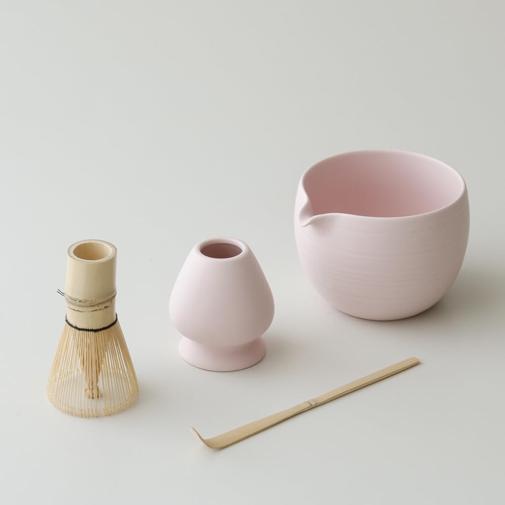 Matcha Whisk Set, Ceramic Matcha Bowl & Whisk Holder, Bamboo Accessory, Modern Design (Matte Soft Pink, Pouring Spout)