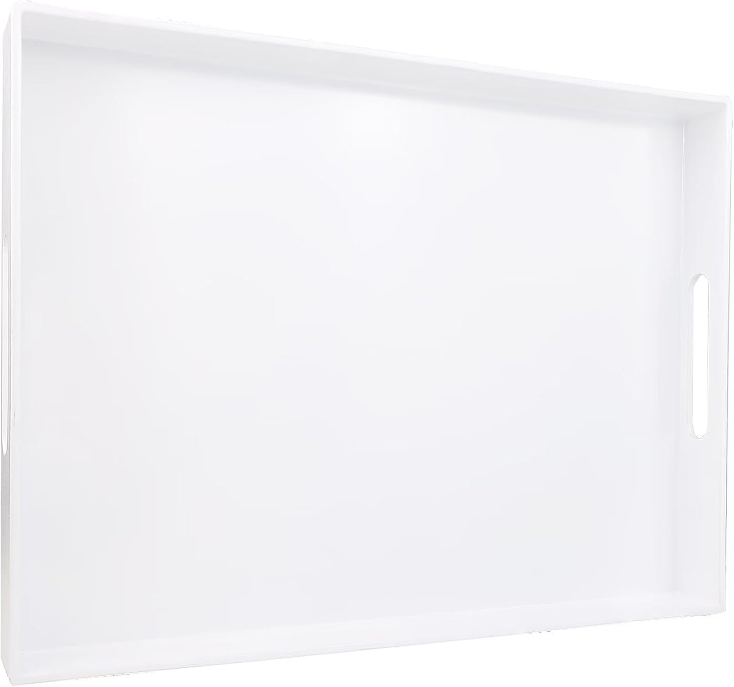 White Serving Tray for Coffee Table, Rectangular Plastic Decorative Tray with Handles for Entertaining, Outdoor Patio, Living Room, Ottoman, Bathroom Counter, 11.8”*15.7”*1.6”