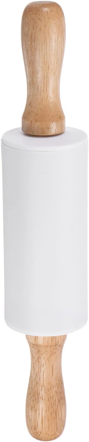 HARFINGTON Silicone Rolling Pins for Baking 9.25 Inch Non-Stick Silicone Surface Wooden Handle Rolling Pin Small Roller Playdough Rolling Pins for Fondant Kitchen Dough Pizza, White