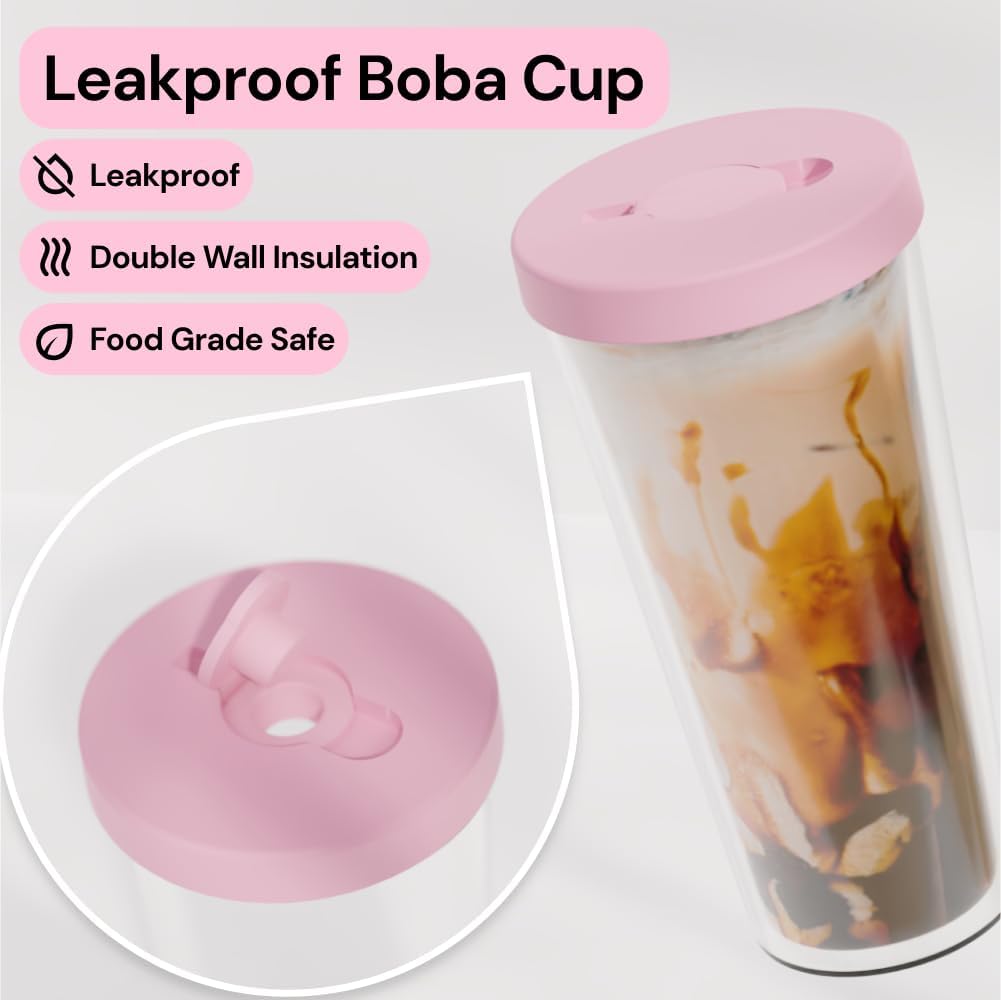 Dodoko Reusable Boba Cup and Straw Boba Tea Cup Bubble Tea Cup Reusable Iced Coffee Cup Cold Coffee Cup Smoothie Cup with Lid and Straw Smoothie Cup to go Smoothie Tumbler 17 oz - Bubble Pink
