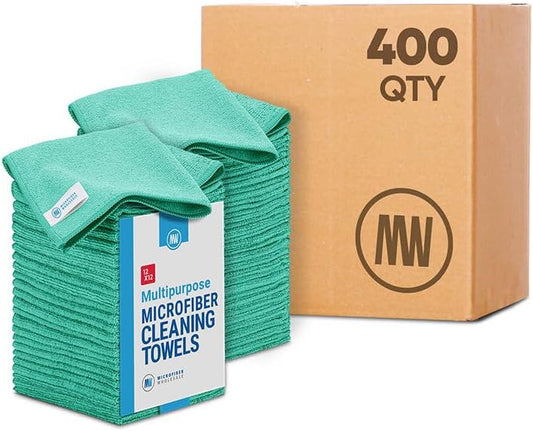 Bulk 12” X 12” All Purpose Microfiber Towels Wholesale - Case Quantity (400 Count) | No Fraying | High Density Microfiber | Zero Chemical Cleaner | Long-Lasting (Green)