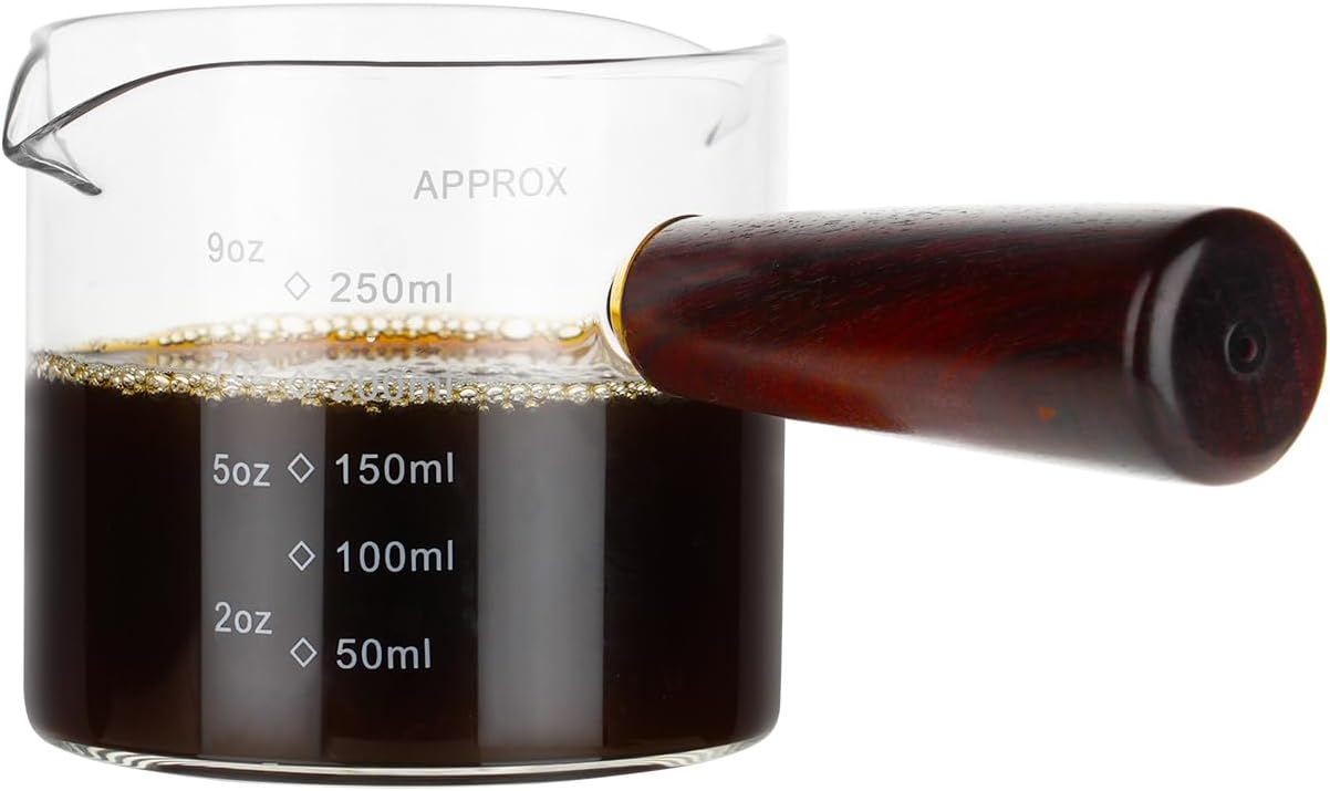 250ML/8.5OZ Measuring Cup Espresso Shot Glasses Double Spouts Large Coffee Cup with Wood Handle Triple Pitcher Milk Cup Parts Clear Glass By BCnmviku (250ml-1pack)