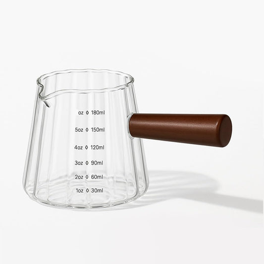 Espresso Cups 6oz/180ml Measuring Cups Glass Espresso Shot Cups Ribbed Espresso Shot Glass with Wooden Handle,Coffee Bar Accessories Milk Frothing Pitcher