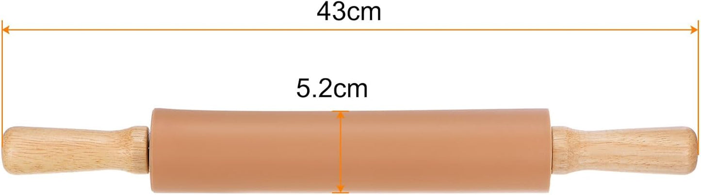 HARFINGTON Silicone Rolling Pins for Baking 16.93 Inch Non-Stick Silicone Surface Wooden Handle Rolling Pin Small Roller Playdough Rolling Pins for Fondant Kitchen Dough Pizza, Brown