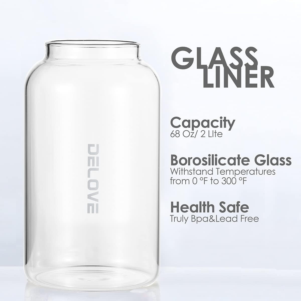 Delove 68 oz/2 Liter Glass Pitcher with Shatterproof Shell - Heat Resistant Glass Liner - Stainless Steel Lid - Carafe & Jug for Iced Tea,Hot/Cold Water,Homemade Juice Beverages (Pink)