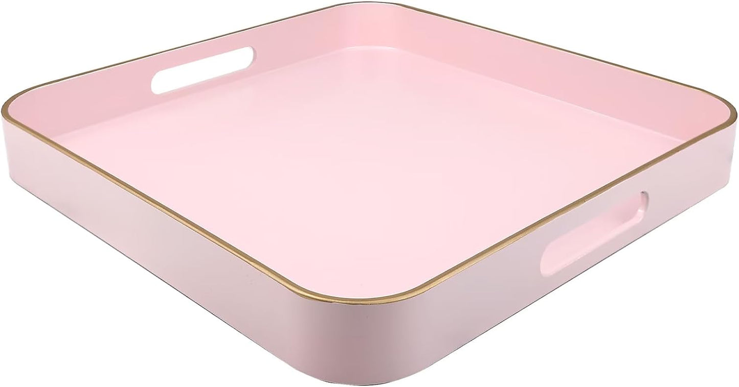 Pink Square Decorative Tray with Handles, 13"*13" Versatile Serving Tray for Coffee Table, Ottoman, Ideal for Serving, Displaying, Organizing