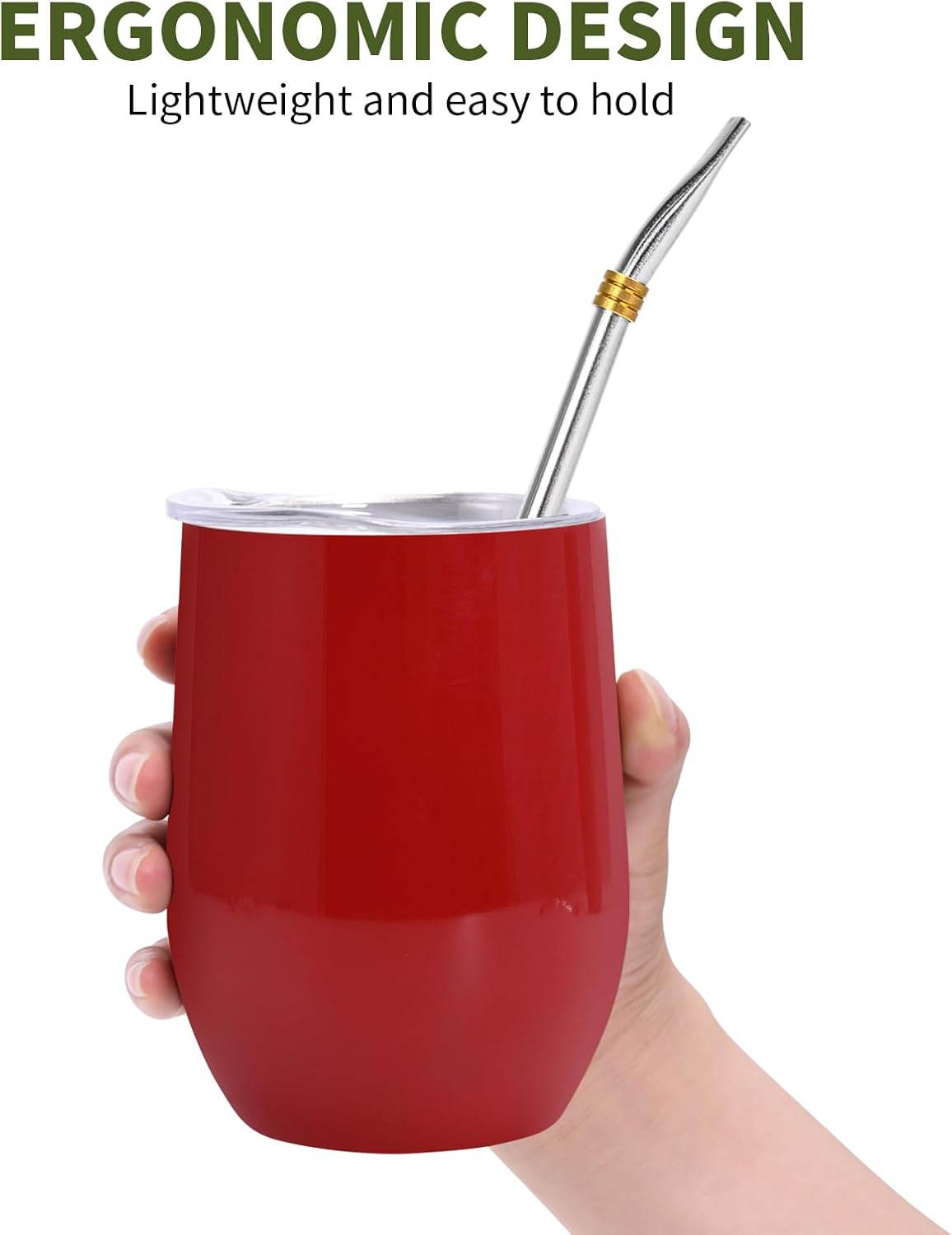 Yerba Mate Cup with Lid, 2 Bombillas, Cleaning Brush, 11.8oz Stainless Steel Double-Wall Insulated Gourd (Red)