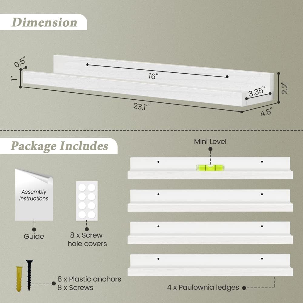 Forbena 24 Inch Floating Nursery Book Shelves for Wall, White Kids Wall Bookshelf for Bedroom, Picture Ledge Shelf with Lip for Baby Bathroom, Living Room Office Art Books (Solid Wood, Set of 4)