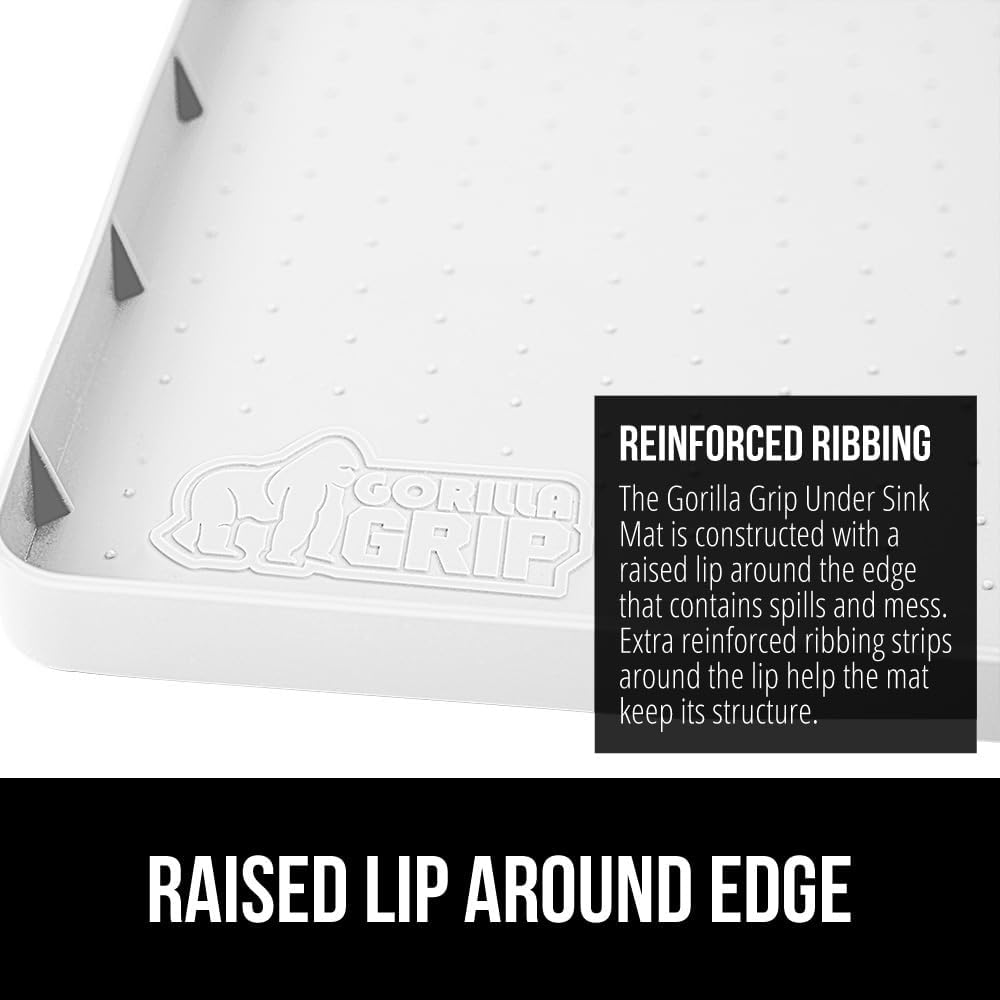 GORILLA GRIP Waterproof Silicone Under Sink Mat with Raised Lip for Kitchen and Bathroom, 28 x 22 in, Cabinet Shelf Liner Stay in Place Mats Dishwasher Safe Drawer Liner, Organizer Tray, White