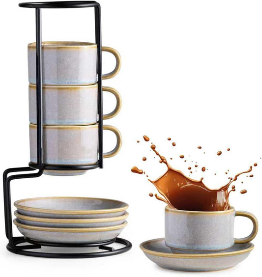 Gomakren 2.5 Ounce Espresso Cups Set of 4, Small Stackable Coffee Cups with Saucers and Metal Stand, Porcelain Demitasse Cups for Specialty Coffee Drinks, Espresso, Cappuccino, Latte, Tea, Gray