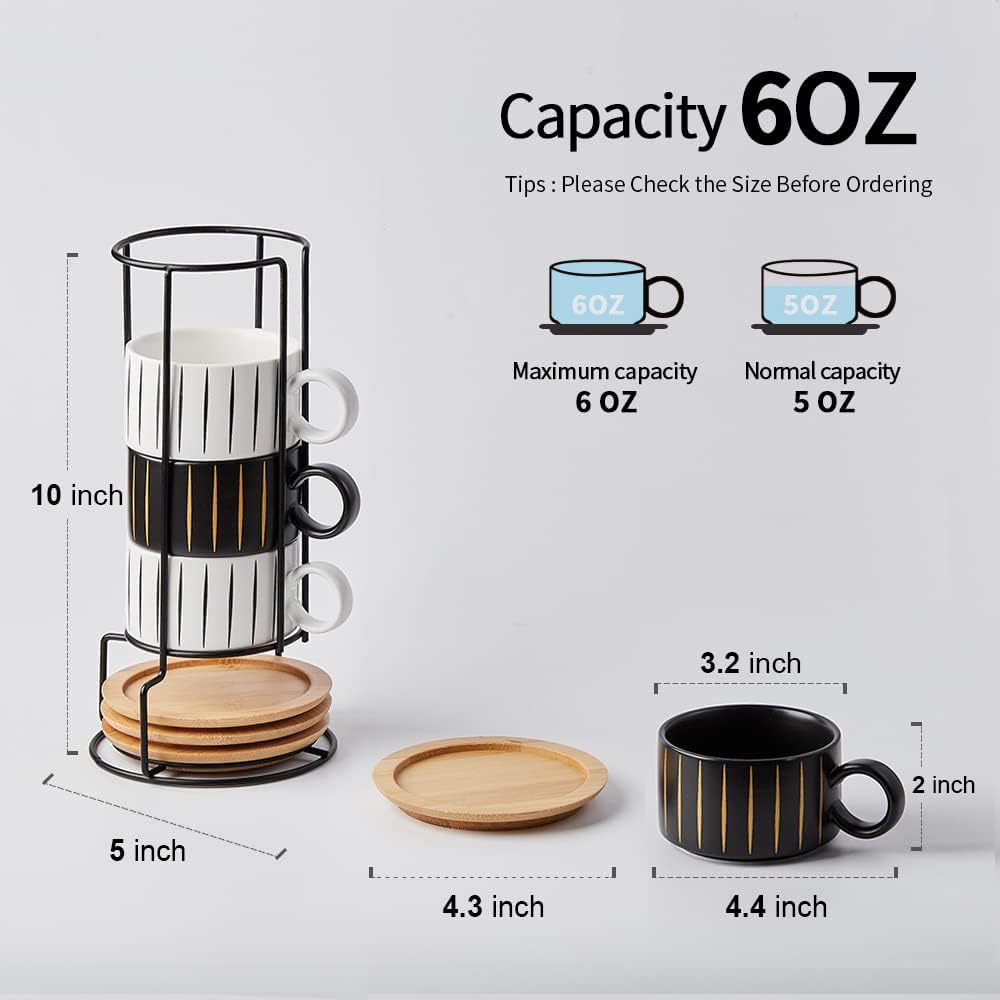 LUKA Porcelain Espresso Cup with Saucer and Metal Stand, 6 Ounce Stackable Ceramic Demitasse Espresso Mugs Cappuccino Cups Set for Latte,Coffee,Cafe Mocha,Tea(Set of 4)