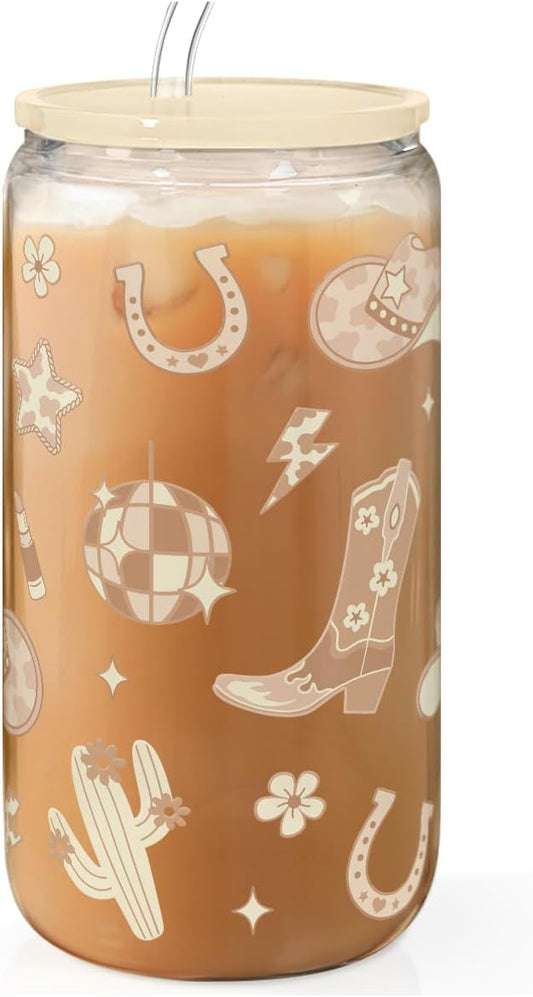 Western Cowgirl 16oz Can Glass Tumbler with Acrylic Lid & Straw, Iced Coffee Cup for Women, Aesthetic Cups Gifts for Birthday Christmas
