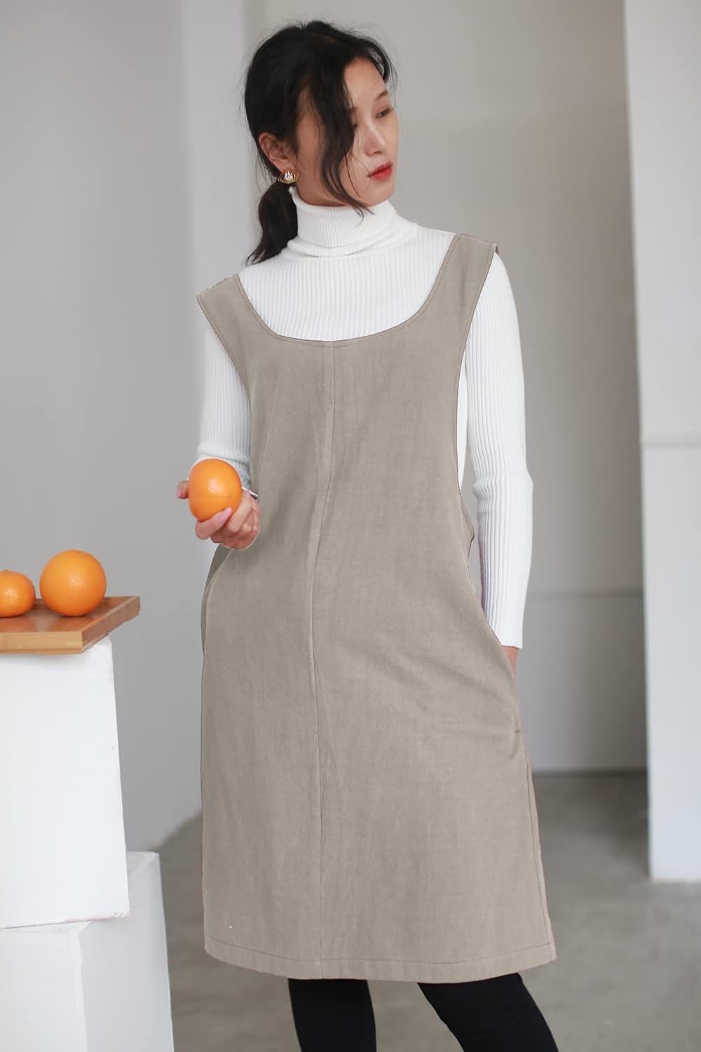 Cotton Linen Japanese Apron Halter Cross Back Bandage X Shape Aprons Two Pockets