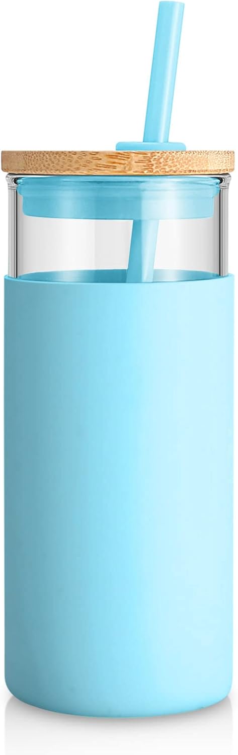 Tronco 20 oz Glass Tumbler with Lid and Straw, Reusable Iced Coffee Cup with Silicone Sleeve & Bamboo Lid, Smoothie Cup for Home,Office, for Father Men Day Gift from Wife Daughter Son (Cape Cod Blue)