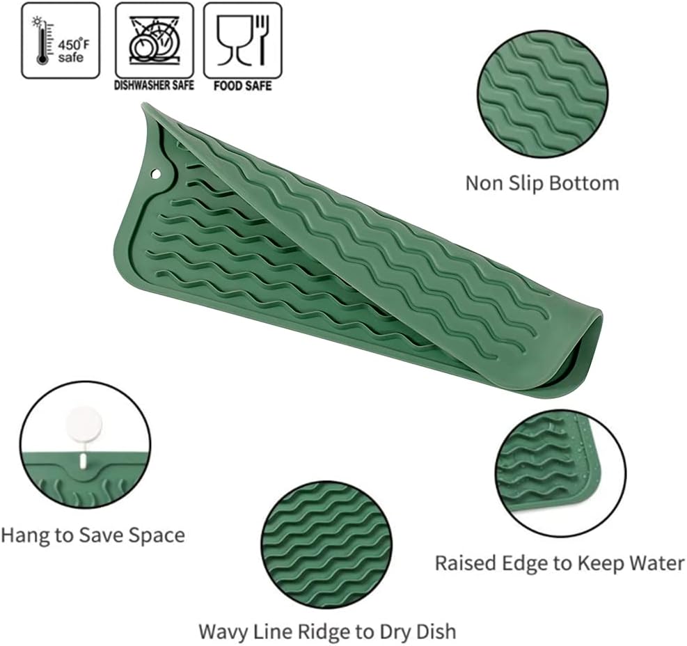 Silicone Dish Drying Mat for Multiple Usage,Easy clean,Eco-friendly,Heat-resistant Silicone Mat for Kitchen Counter or Sink,Refrigerator or Drawer Liner Green S 12 inches x 6 inches
