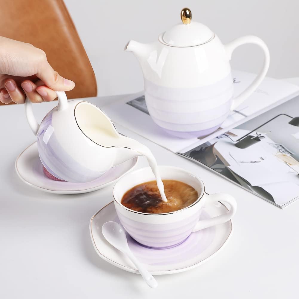 Sweejar Porcelain Tea Sets, 8 OZ Cups & Saucer Service for 4, Teapot Sugar Bowl Cream Pitcher Teaspoons and Tea Strainer for Adult Tea Coffee Afternoon Party (Purple)