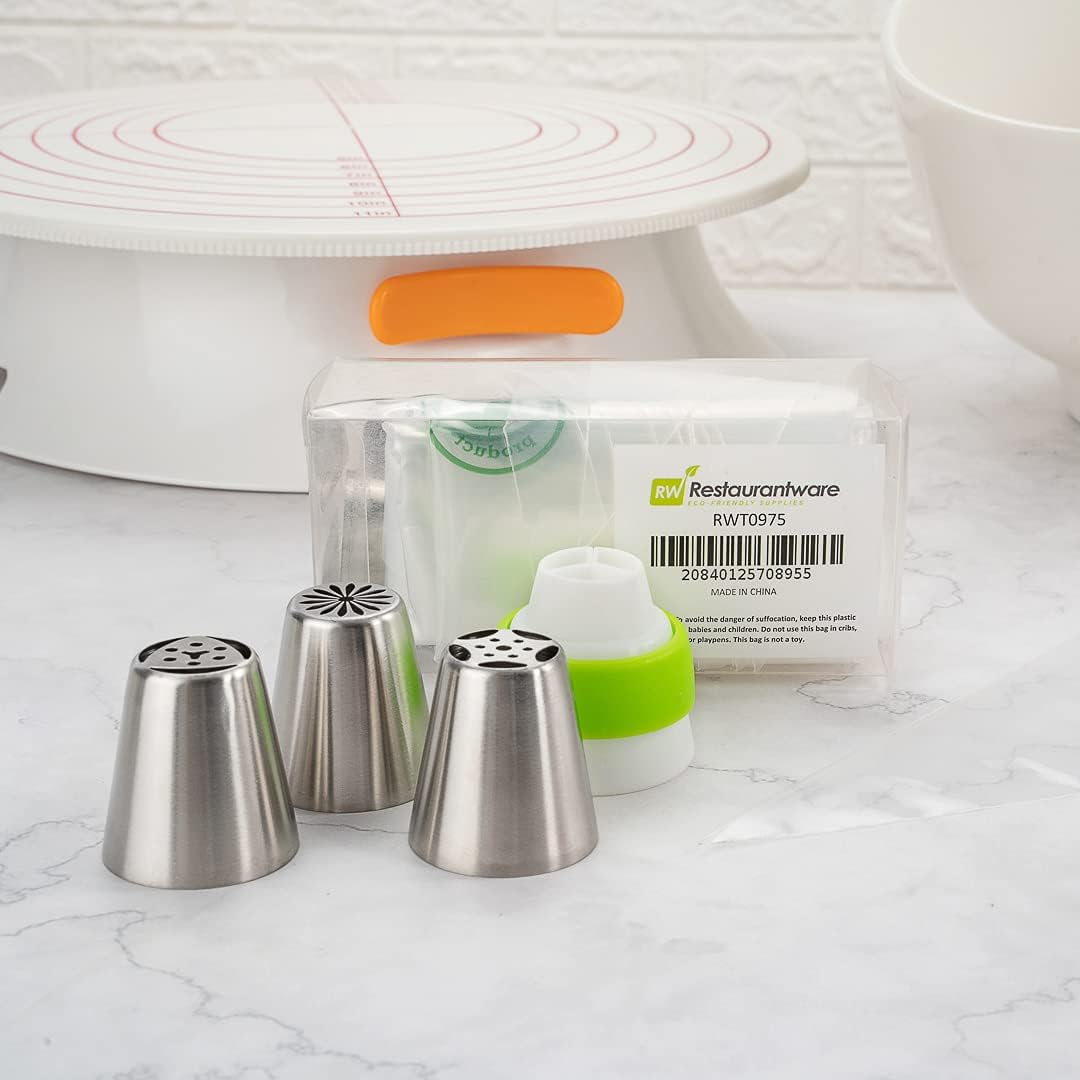 Restaurantware Pastry Tek Russian Piping Tips Set 23 Piece Durable Cake Decorating Kit - 12 Piping Tips 10 Piping Bags Stainless Steel Piping Bags And Tips Set 1 Tri-Color Coupler