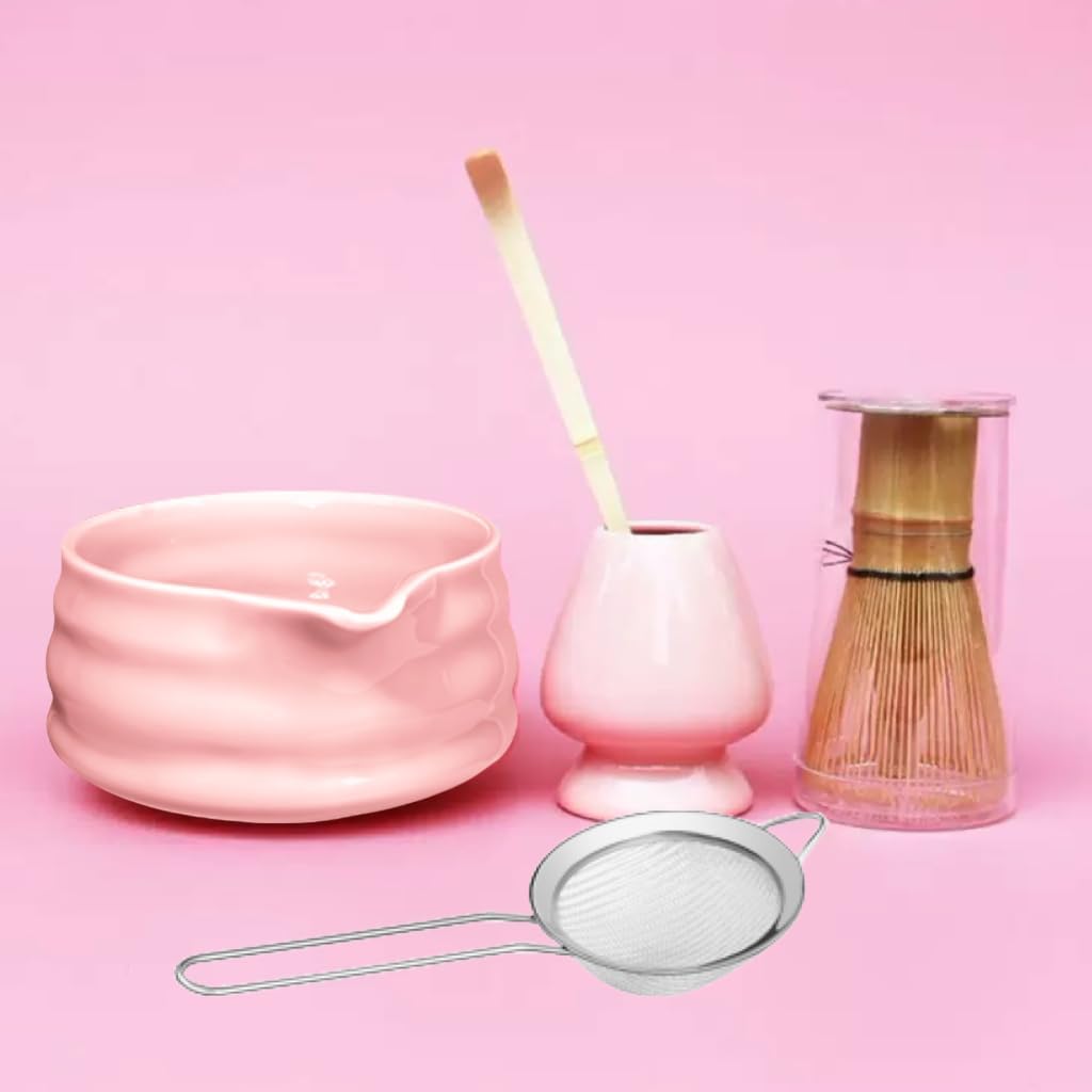 Cute Pink Matcha Whisk Set of 5 for Matcha Tea,Matcha Powder Kit（Bowl with Spout+bamboo Whisk and Holder+Strainer+Scoop）for Macha Starter Making Tools with Small Sifter Sieve Mixer Wisk Chasen Chawan