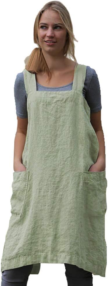 Women's Pinafore Square Apron Baking Cooking Gardening Works Cross Back Cotton/Linen Blend Dress with 2 Pockets