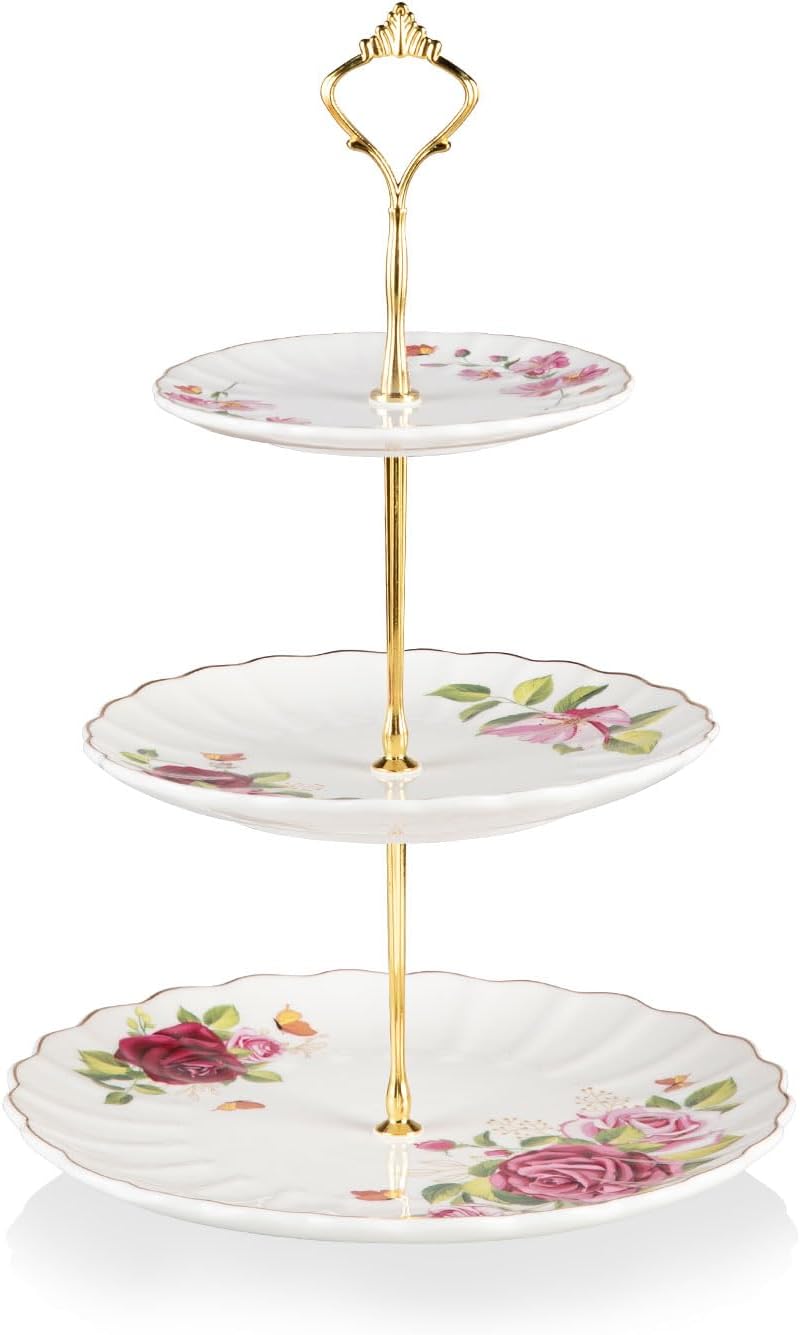 Sweejar 3 Tier Ceramic Cake Stand Wedding, Dessert Cupcake Stand for Tea Party Serving Platter (Fresh Flower)
