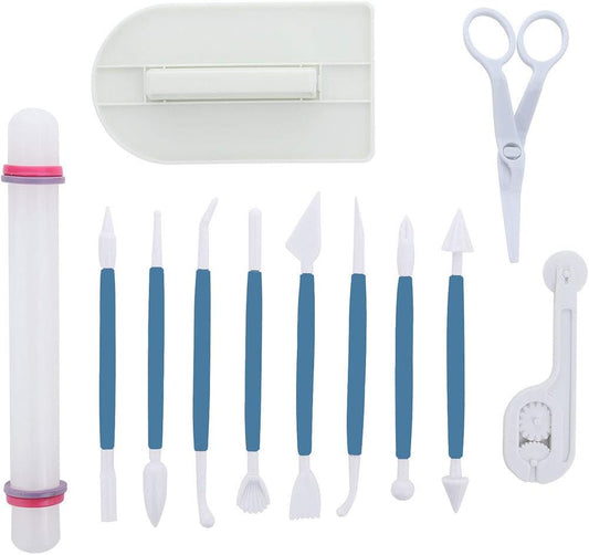 Marshmallow Fondant Cake Decorating Hand Tool 12 Pcs 5 Sets Sugarcraft Gumpaste Icing Smoother Rolling Pin Trimmer Cutter Embosser Flower Scissor Modelling Accessories Supplies Kit Blue