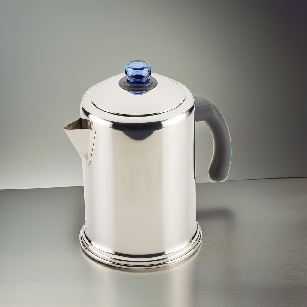 Farberware Classic Stainless Steel Coffee Percolator, 12 Cup, Silver with Glass Blue Knob, 7.28"D x 8.86"W x 10.83"H