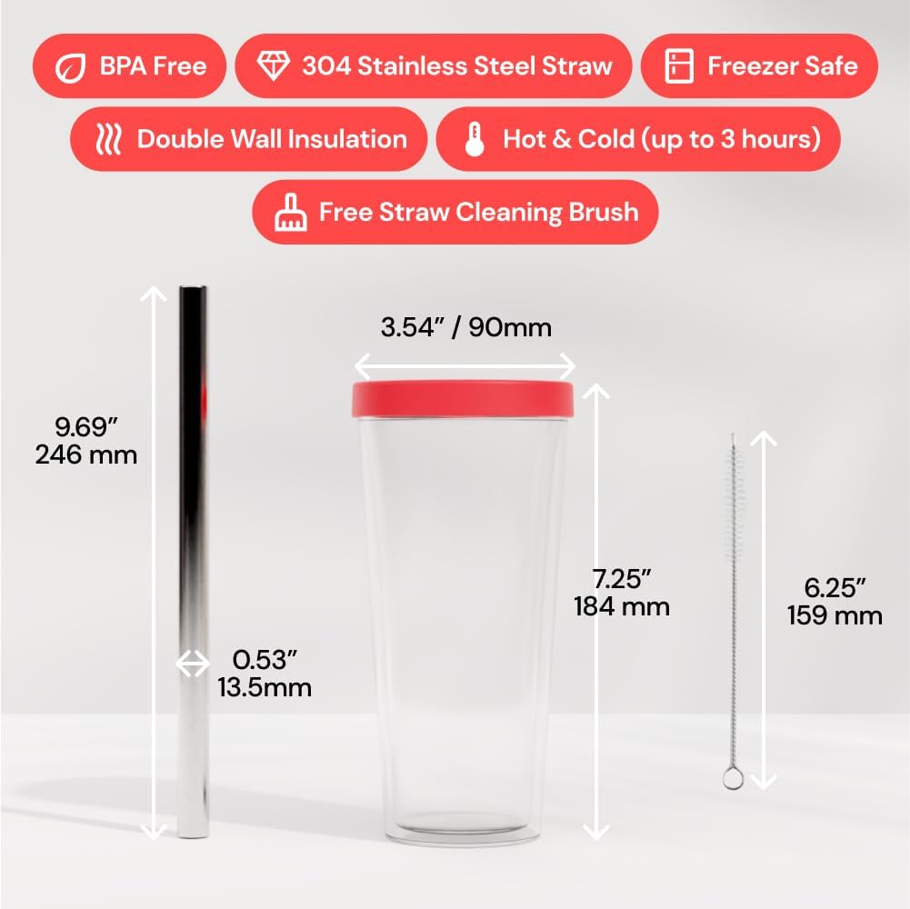 Dodoko Reusable Boba Cup and Straw Boba Tea Cup Bubble Tea Cup Reusable Iced Coffee Cup Cold Coffee Cup Smoothie Cup with Lid and Straw Smoothie Cup to go Smoothie Tumbler 17 oz - Hot Pink