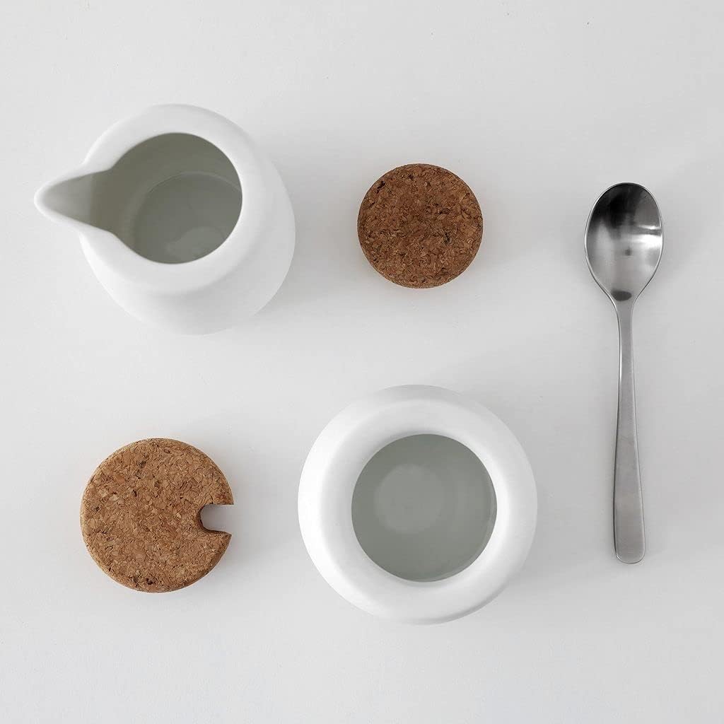 Viva Nicola White Sugar and Creamer Set, Porcelain Coffee and Tea Serving Set - Cream Pitcher and Sugar Bowl with Cork Lid and Metal Spoon, 7oz / 200ml Milk and Sugar for Coffee Bar