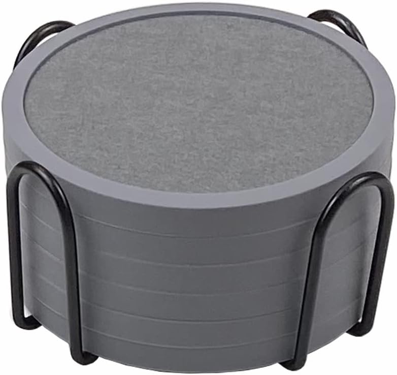 Absorbent Coasters for Drinks with Holder - 6packs, Silicone Coaster with Soft Felt Insert (4.3 inch Coasters with 4.5 inch Holder, Grey)