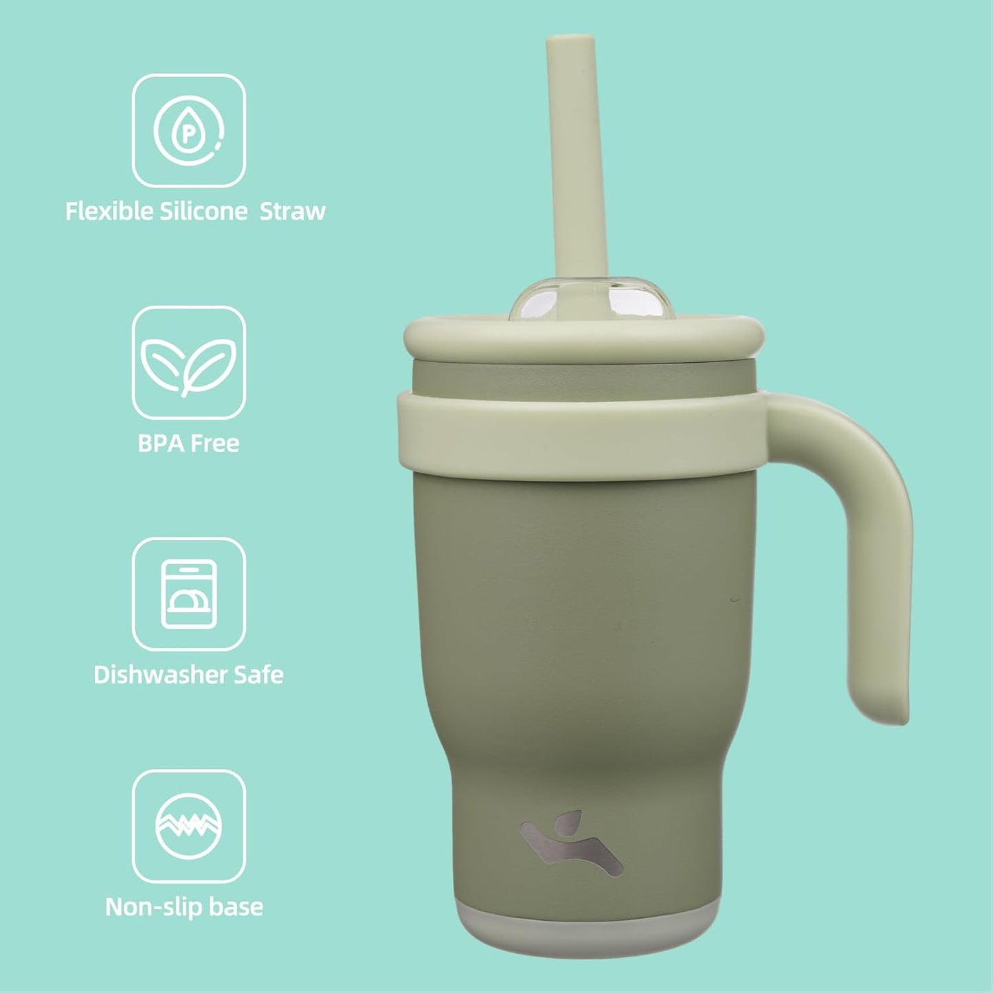 14 oz Tumbler with Side Handle, Insulated Water Bottle with Straw and 2 in 1 Lid, Stainless Steel Cup Travel Coffee Mug for Sports Office Gym,Camp Green