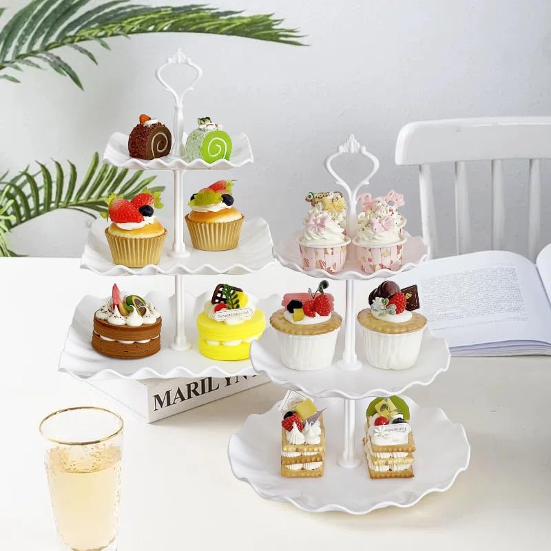 2 Set of 3-Tier Plastic Cupcake Stand Dessert Plates Mini Cakes Fruit Candy Display Tower White for Birthday Tea Party Baby Shower Serving Tray