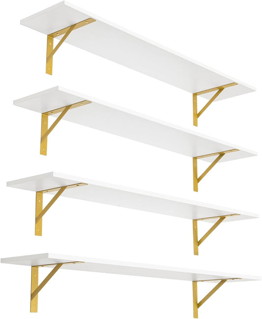DINZI LVJ Long Wall Shelves, Set of 4, 47.3" Wall Mounted Shelves, Large Floating Shelves for Storage with Metal Brackets, for Living Room, Bathroom, Bedroom, Kitchen, White and Gold