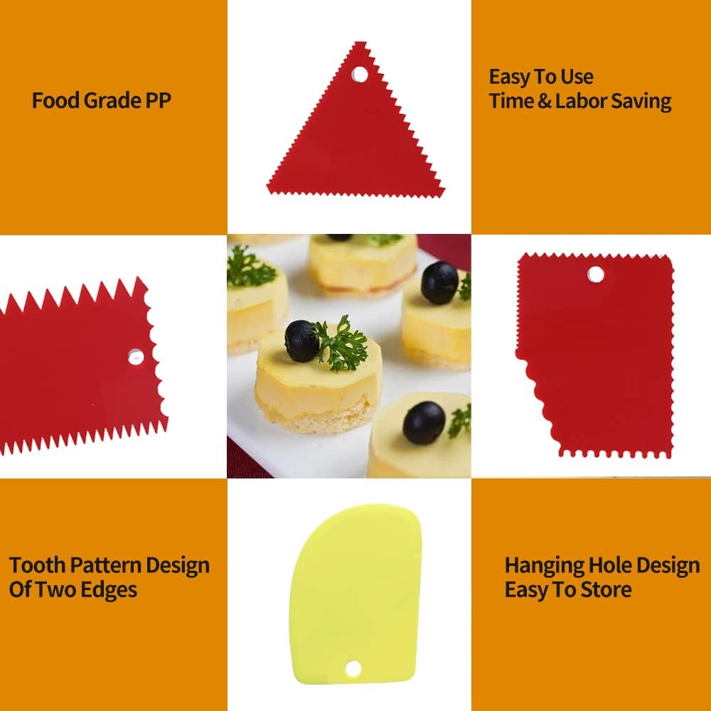 Cake Scraper Cake Decorating Comb,Cake Scraper Smoother,Flexible Plastic Dough Scraper For Bread Making,Reusable Pastry Pizza Dough Cutter Tool For Baking Cake Edge Stripe Decorating(6Pcs,Red,Yellow)