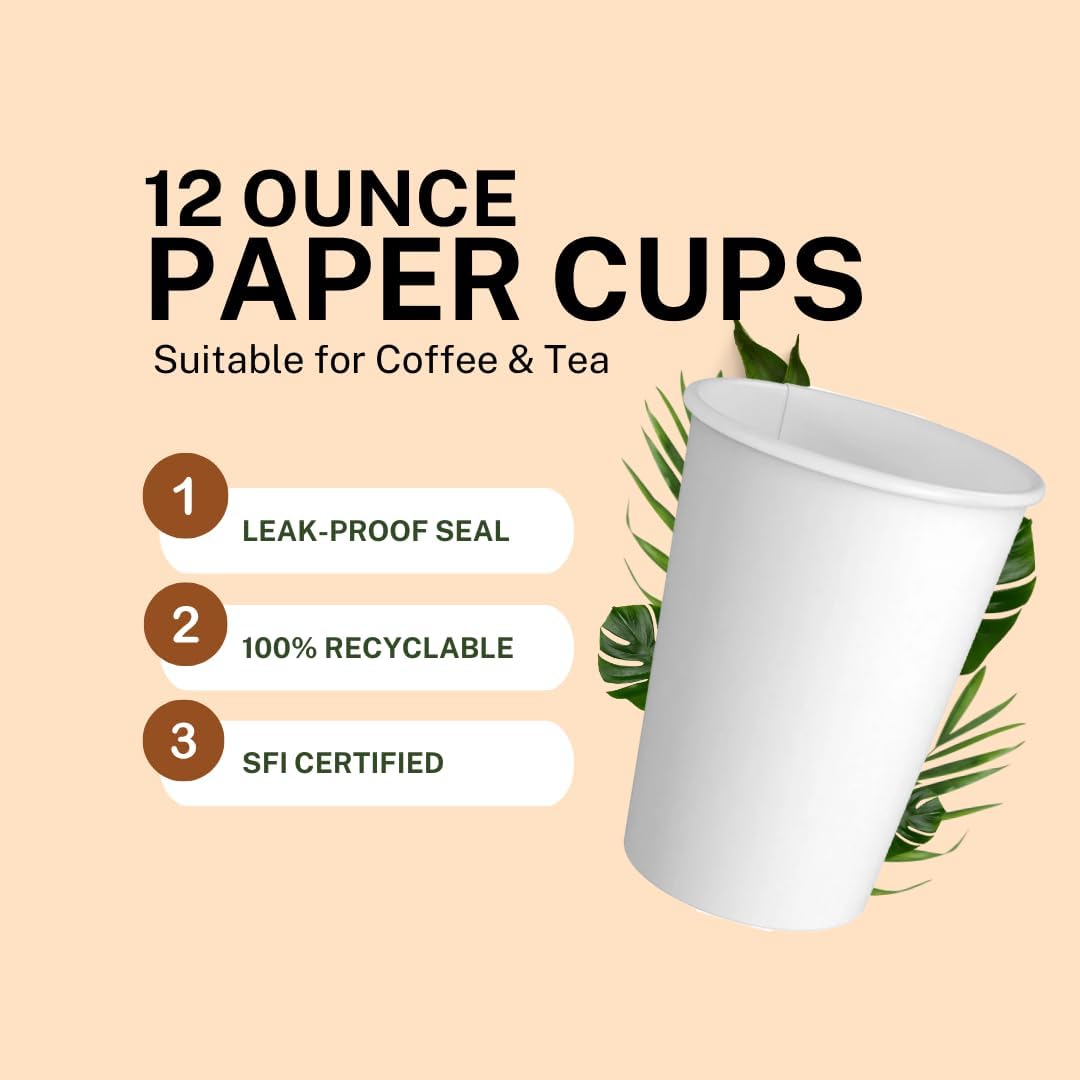 Paper Cups 12 oz 200 Pack for Coffee & Tea Made in USA | Bulk 200 Count for Home, Office, Restaurants & Parties | Recyclable Disposable 12 Ounce To-Go Cups for Hot Drinks