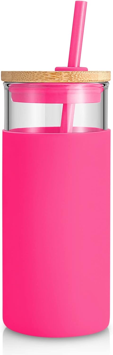 Tronco 20 oz Glass Tumbler with Lid & Straw - Iced Coffee Cup & Smoothie Cup With Silicone Sleeve | BPA-Free, Dishwasher Safe | Reusable Glass Cups with Bamboo Lids and Straws (Watermelon, 1 Count)
