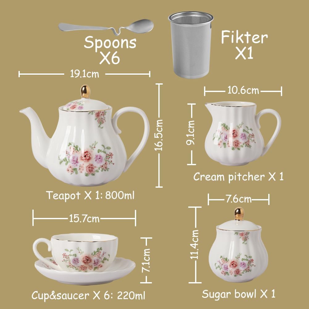 Porcelain Tea Sets British Royal Series, 8 OZ Cups & Saucer Service for 6, with Teapot Sugar Bowl Cream Pitcher Teaspoons and Tea Strainer, Suitable for High Tea, Wedding, Party（Rose Flower）