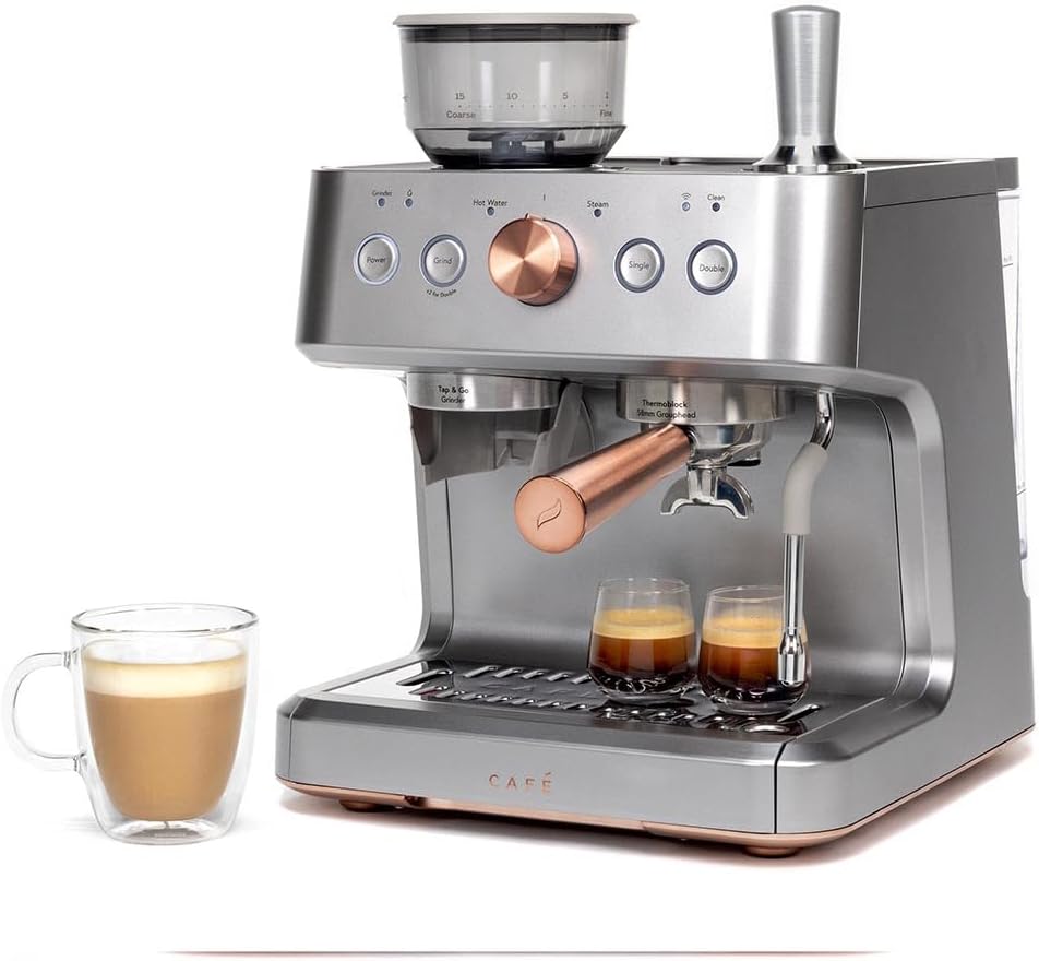 Café Bellissimo Semi Automatic Espresso Machine + Milk Frother | WiFi Connected, Smart Kitchen Essentials | Built-In Bean Grinder, 15-Bar Pump & 95-Ounce Water Reservoir | Steel Silver