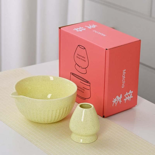 Matcha Tea Set, Glazed Ceramic Bowl and Whisk Holder, Light Yellow, 2-Piece