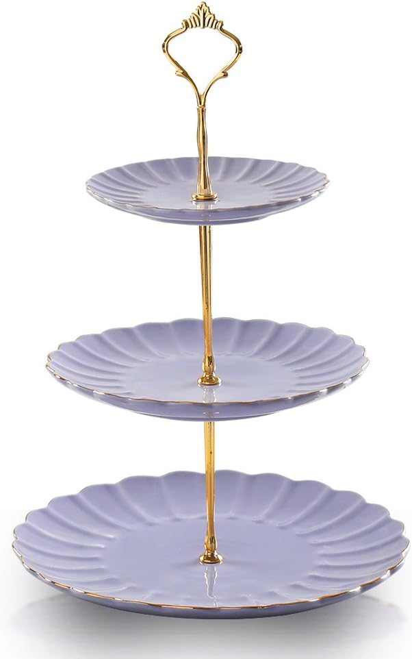 Sweejar 3 Tier Ceramic Cake Stand Wedding, Dessert Cupcake Stand for Tea Party Serving Platter (Purple)
