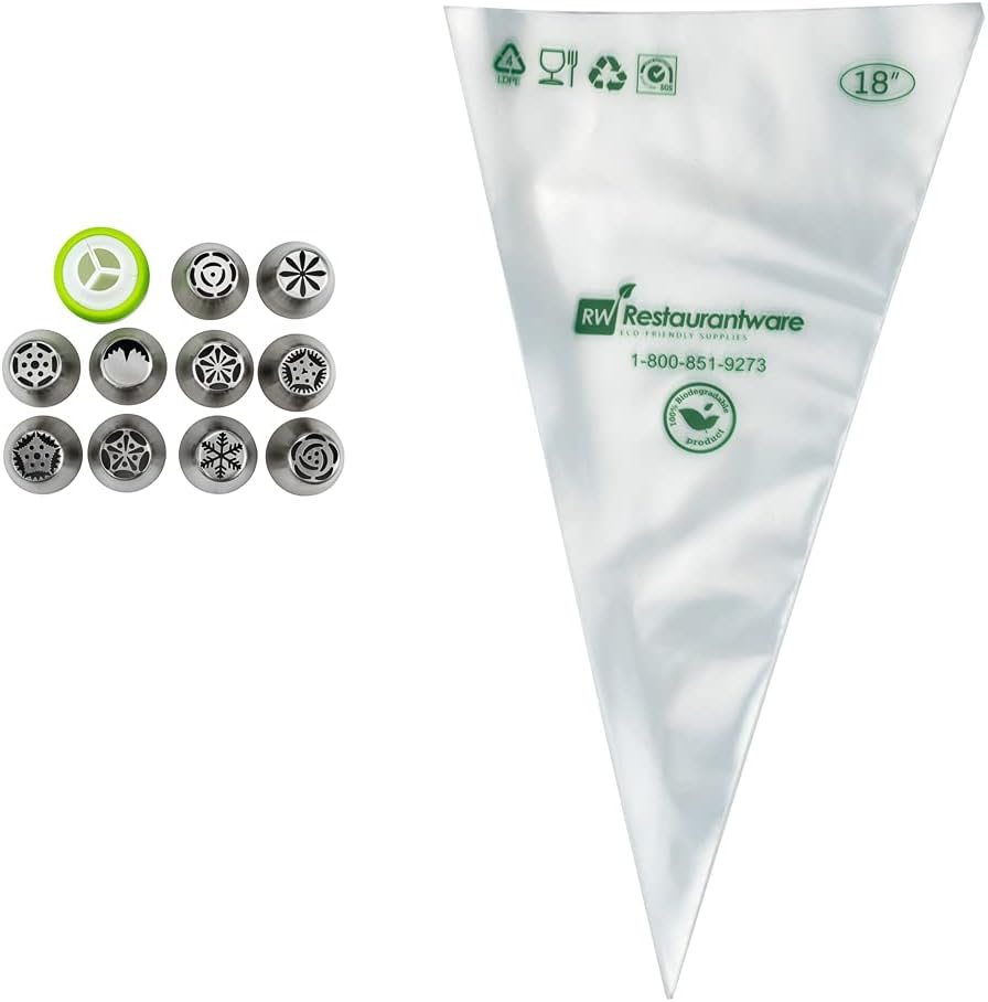 Restaurantware Pastry Tek Russian Piping Tips Set 21 Piece Durable Cake Decorating Kit - 10 Piping Tips 10 Piping Bags Stainless Steel Piping Bags And Tips Set 1 Tri-Color Coupler