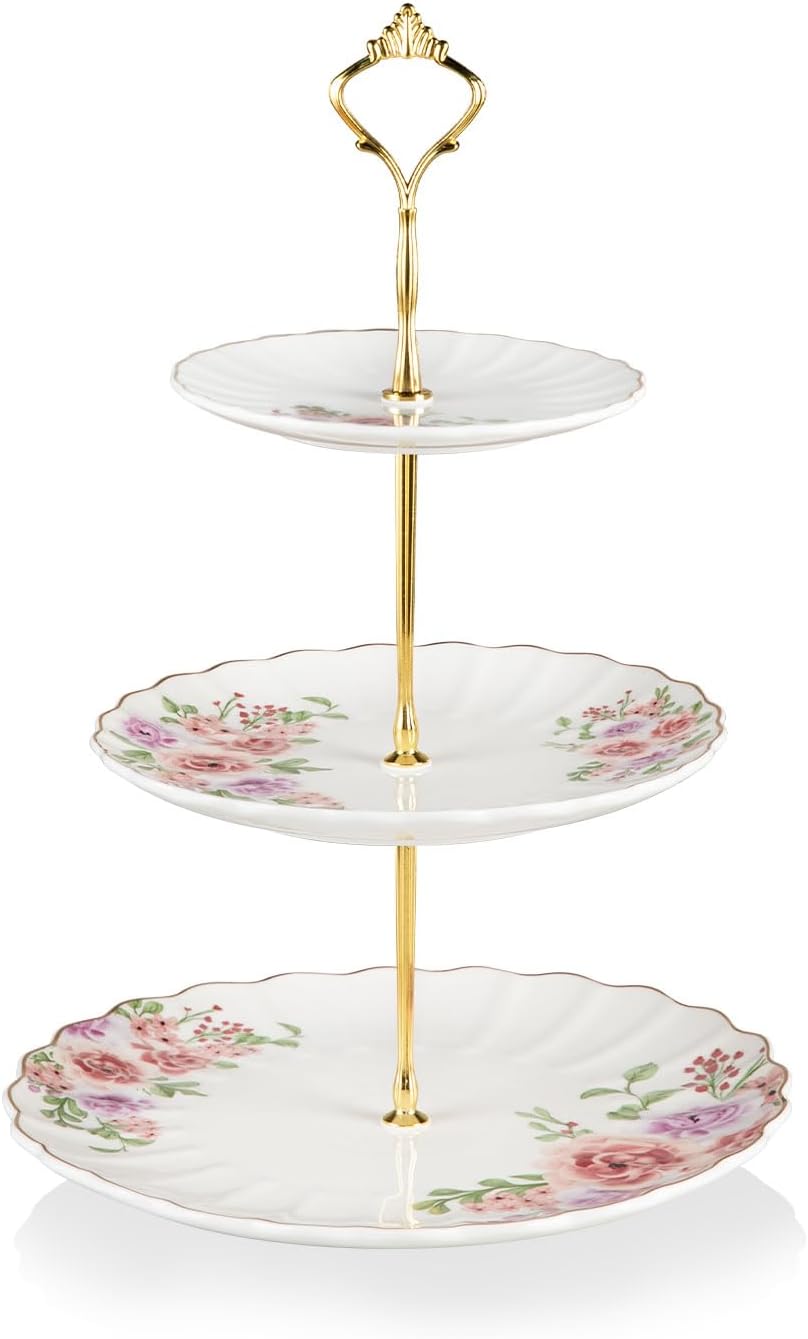 Sweejar 3 Tier Ceramic Cake Stand Wedding, Dessert Cupcake Stand for Tea Party Serving Platter (Rose Flower)