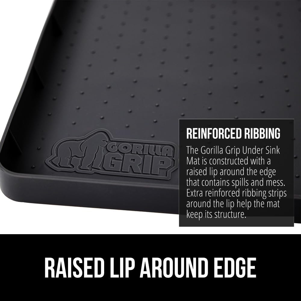 GORILLA GRIP Waterproof Silicone Under Sink Mat with Raised Lip for Kitchen and Bathroom, Cabinet Shelf Liner Stay in Place Mats Dishwasher Safe Drawer Liner, Organizer Tray, 15 x 22 in, Black